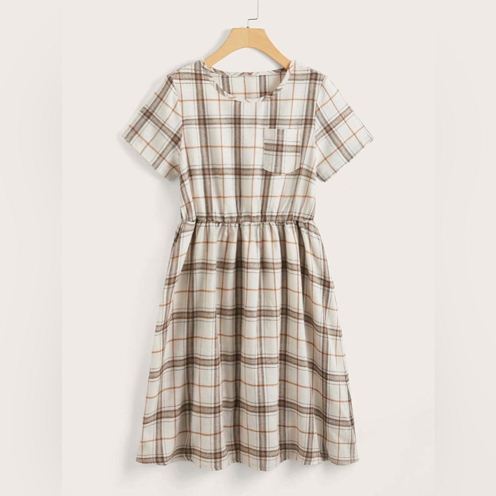Plaid Print Pocket Patched Dress